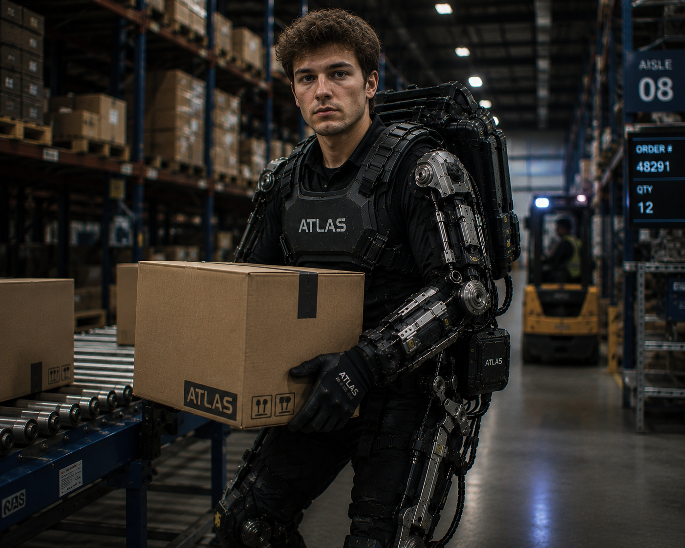 Worker using the ATLAS exoskeleton during warehouse logistics operations